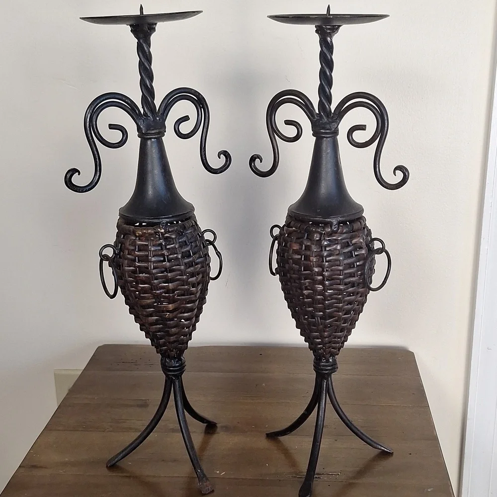Pair Of Wrought Iron And Brown Wicker Candle Holders